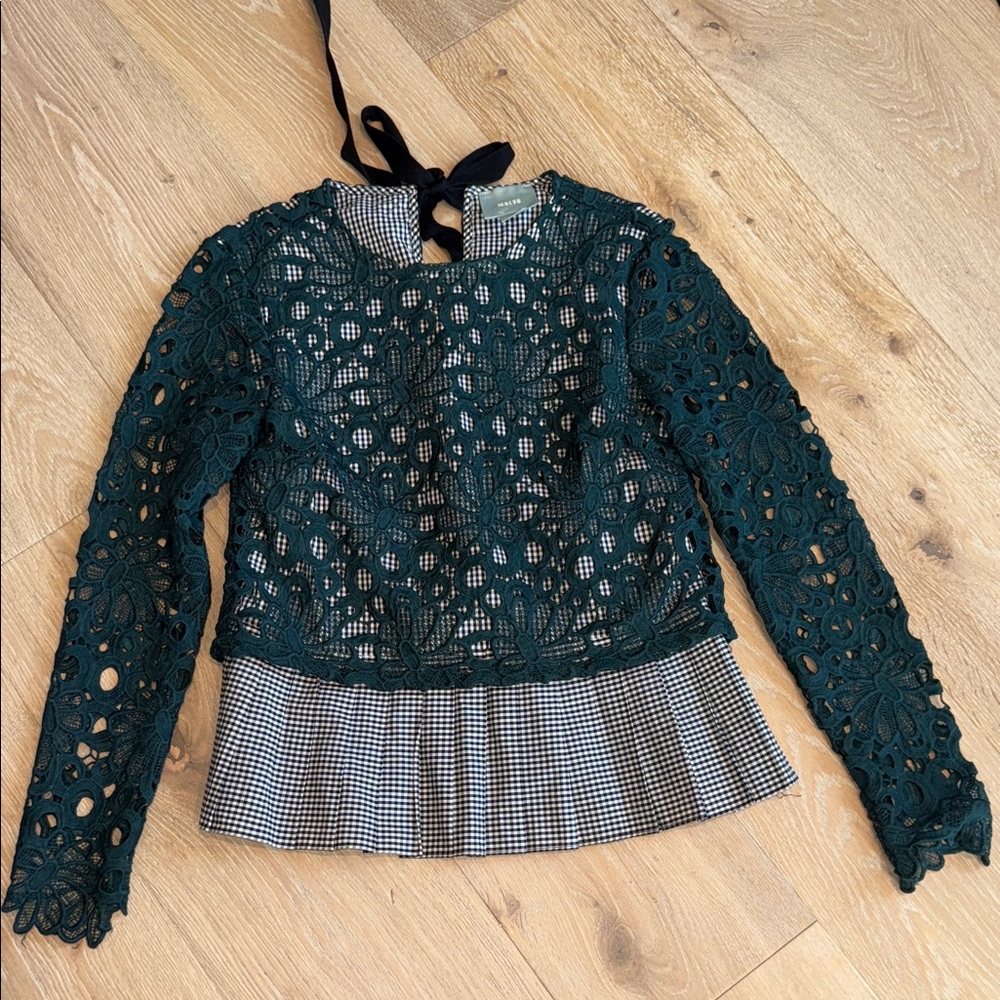 Maeve Teal Lace Top with Black Checkered Detail